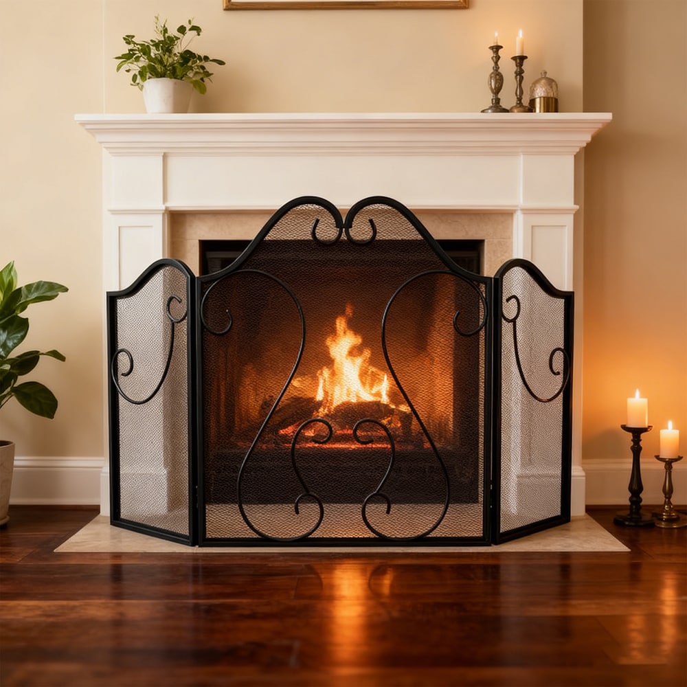 3 Panel Fireplace Screen Foldable Spark Guard Cover With Decorative Scroll_voghion.com